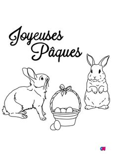 Coloriage Pâques - Des lapins et un panier d'œufs en chocolat de Pâques