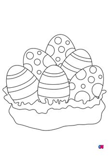 Coloriage Pâques - Des œufs de Pâques décorés dans un nid