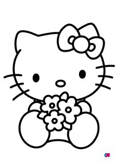 Coloriage Hello Kitty - Hello Kitty et son bouquet de fleurs