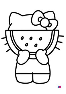 Coloriage Hello Kitty - Hello Kitty mange une pastèque