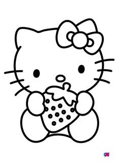 Coloriage Hello Kitty - Hello Kitty tient une fraise