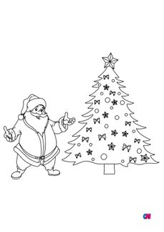 Coloriage de Noël - Le Père Noël et un sapin décoré