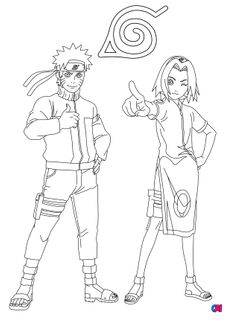 Coloriage Naruto - Naruto et Sakura observent, avec le symbole de Konoha