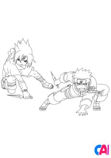 Coloriage Naruto - Naruto et Sasuke en position d'attaque