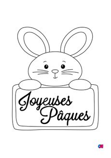 Coloriage Pâques - Petit lapin de Pâques avec une pancarte