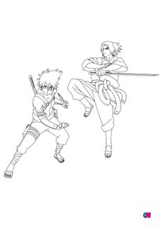 Coloriage Naruto - Sasuke et Kakashi vont livrer bataille