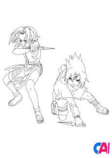 Coloriage Naruto - Sasuke et Sakura prêts à combattre