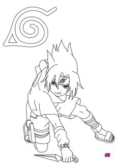 Coloriage Naruto - Sasuke et le symbole de Konoha
