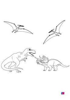 Coloriage de dinosaures - Tricératops, Tyrannosaure et Ptérodactyles