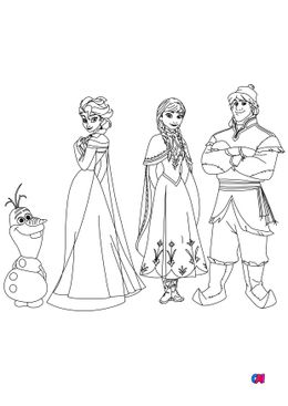 Coloriage la reine des neiges - Anna, Elsa, Kristoff et Olaf posent