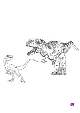 Coloriage de dinosaures - Combat entre un Rajasaurus et un Vélociraptor