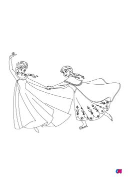Coloriage la reine des neiges - Elsa et Anna font ensemble du patinage sur glace