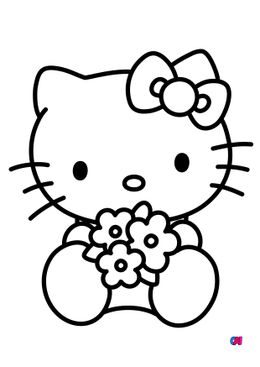 Coloriage Hello Kitty - Hello Kitty et son bouquet de fleurs