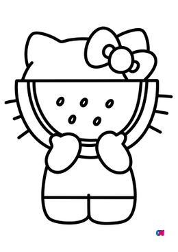 Coloriage Hello Kitty - Hello Kitty mange une pastèque