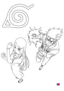 Coloriage Naruto - Kakashi et Kushina ensemble et le symbole Konoha