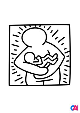 Coloriages de bâtiment et d'oeuvres d'art - Keith Haring - Mother and baby