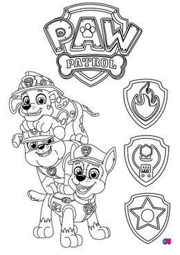 Coloriage Pat Patrouille - Marcus, Ruben et Chase, leurs insignes et le logo