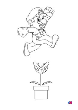 Coloriage Mario - Mario évite une Plante Piranha