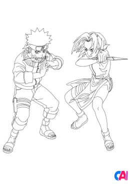 Coloriage Naruto - Naruto et Sakura combattent ensemble