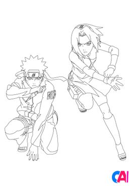 Coloriage Naruto - Naruto et Sakura une équipe unie