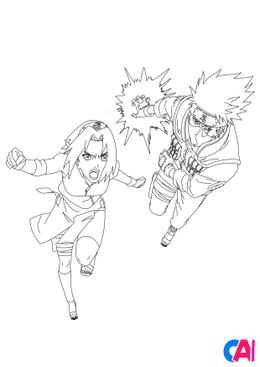 Coloriage Naruto - Sakura et Kakashi combattent ensemble