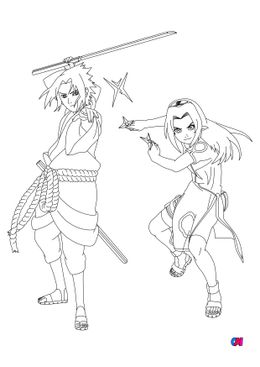 Coloriage Naruto - Sasuke et Sakura en place pour combattre