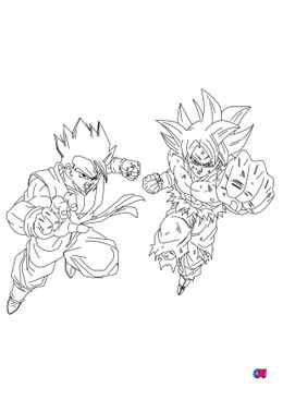 Coloriage dragon ball z - Son Goku et Son Gohan combattent ensemble