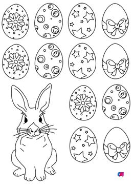 Coloriage Pâques - Un lapin de Pâques et des œufs