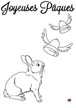 Coloriage Pâques - Un lapin observe les cloches de Pâques
