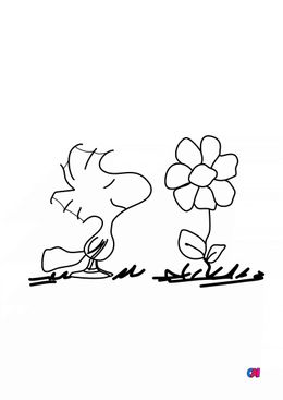 Coloriage Snoopy - Woodstock hume une fleur
